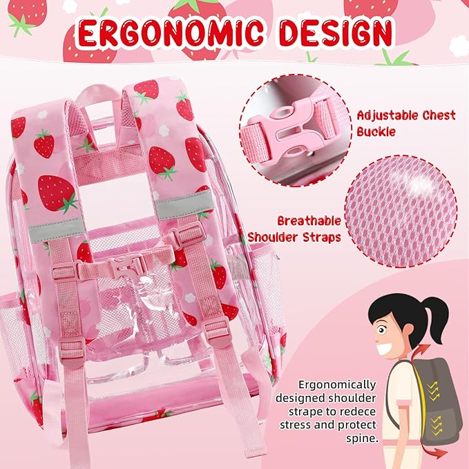 Clear Backpack for Kids, Strawberry Backpack for Girls, Water-Resistant See Through Bookbag with Chest Strap for Preschool Kindergarten College Travel Stadium Work Concert