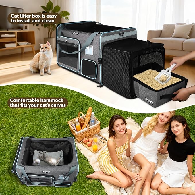 Petskd Side Expandable Extra Large Cat Car Carrier with Collapsible Litter Box for Long Distance Travel,24"x17"x17" Portable Soft Sided Pet Carrier with Roller Shades for 2 Cats Up to 55LBS(Grey)