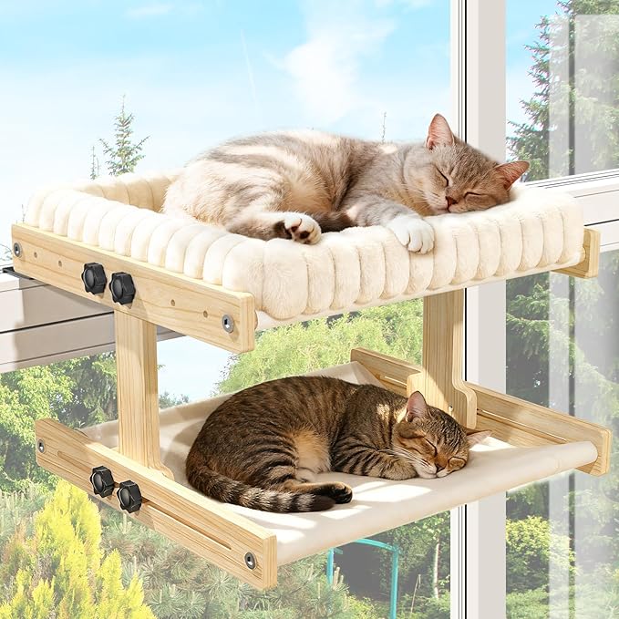 Cat Perch for Window XiaZ Cats Hammock Indoor Cat Bed for Window Adjustable Wooden Frame W/Soft Warm Plush-Lined Cushion Perfect for Bird Watching Sunbathing Space-Saving Easy Install Double Layer