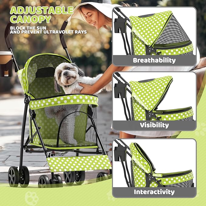 Magshion Compact Pet Stroller for Small-Medium Dogs/Cats up to 22lbs, 4-Wheel Lightweight Umbrella Shaped Portable Puppy Travel Jogger with Breathable Mesh, Cup Holder & Rear Storage, Lawn Green
