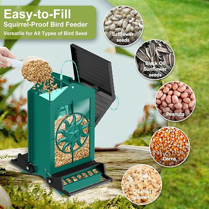 Squirrel Proof Bird Feeders for Outdoors with Weight-Activated, 5LB Large Metal Wild Bird Feeders for Cardinals,Blue Jay,Finch, Weatherproof Durable Hanging Bird Feeder for Backyard,Garden (Green)