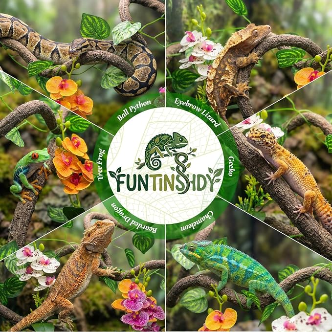 5 Pcs Reptile Plants & Habitat Decor Kit - 3 Artificial Phalaenopsis Orchid & Large 5ft Jungle Vine Branch, Terrarium Tank Decor & Climbing Accessories for Crested Gecko, Bearded Dragon