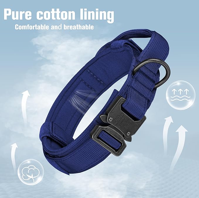 HYDEME Tactical Dog Collar Adjustable Nylon Collar with Control Handle and Heavy Metal Buckle for Medium and Large Dogs, with Patches&Airtags Case&Poop Bag Dispenser&Portable Bowl.(L, DarkBlue-Set)