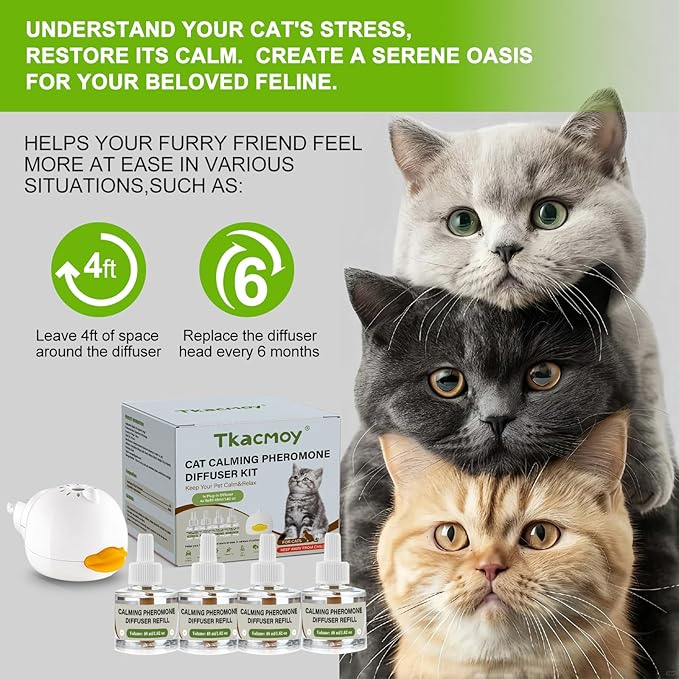 Cat Calming Diffuser, 4-in-1 Pheromone Refills for Anxious Cats, 120-Day Continuous Stress Relief for Multi-Cat Harmony