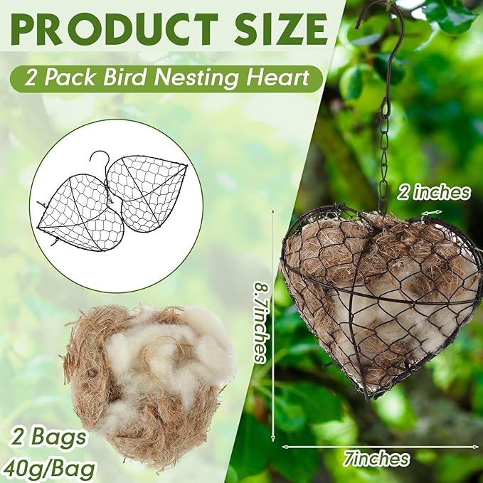 Menkxi 2 Pcs Bird Nesting Material, Hummingbird Nest Gift Enjoy Birds Gardening Outside Cute Decor Refillable Nesting Gift for Bird Lovers, Spring Garden Decoration Gifts (Heart Shaped)