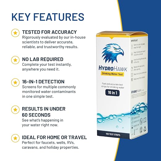 16-in-1 Drinking Water Test Strips (100 Pack) – Water Testing Kit | Water Testing Kit for Tap, Well, RV & Spring Water, Tests Hardness, Chlorine, pH, Iron, Metals & Nitrates. 60 Second Results.