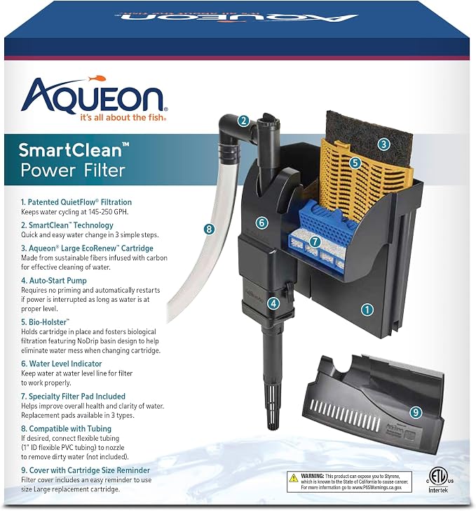 Aqueon SmartClean Power Filter with EcoRenew Filter Cartridge, Quick and Easy Water Changes, Quiet Operation, Adjustable Flow, for 30-50 Gallon Freshwater and Saltwater Aquariums, Large