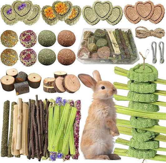68pcs DIY Rabbit Chew Toys,Rabbit Toy for Bunnies Boredom Bunny Toys for Teeth, Timothy Stick, Apple Sticks, Sweet Bamboo, for Guinea Pig, Hamster, Chinchilla, Rat (19.04 Ounces (Pack of 1))