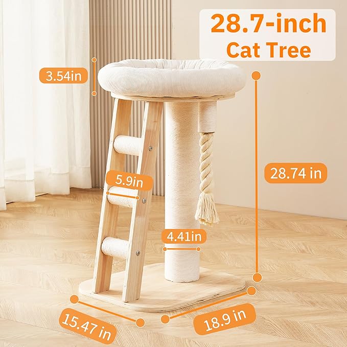 Modern Cat Tree Small Tower with Scratching Post for Indoor, Solid Wood Multifunctional Corner Cat Tree Tower with Bed