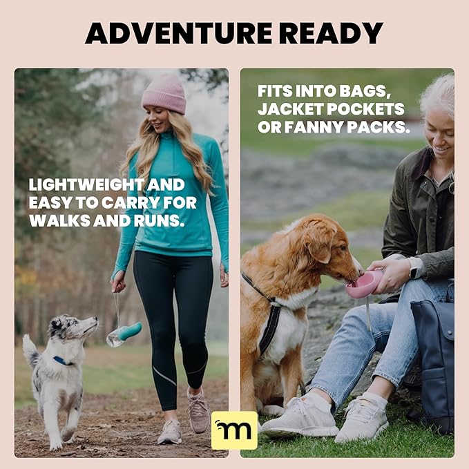 MalsiPree Leak-Proof Portable Dog Water Bottle for Travel - 19 oz, with Pink Bowl - Food Grade Plastic - Dog Bowls - Puppy Essentials - Pet Water Bottle for Trail Hiking, Park Visit & Beach Days
