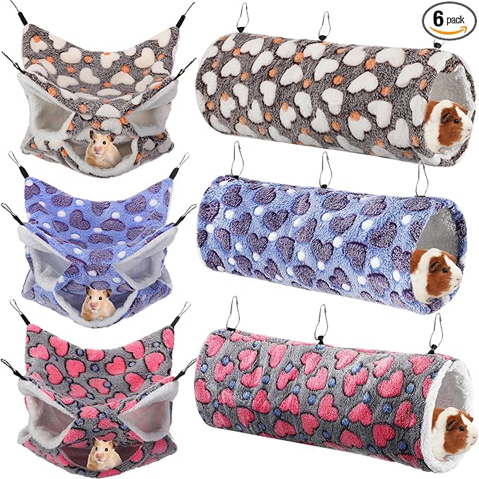 Sweetude 6 Pcs Rat Hammock Set Ferret Hanging Tunnel 3 Tier Guinea Pig Hammocks Hideout Soft Chinchilla Bed for Cage Accessories Hide,Play and Sleep(Cute,Heart)
