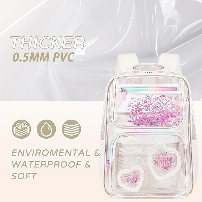 Clear Backpack for Girls,Clear Bookbag Heavy Duty Transparent Backpacks for Stadium Events, See Through Back Pack for Kindergarten Elementary Middle High School (Off-white)