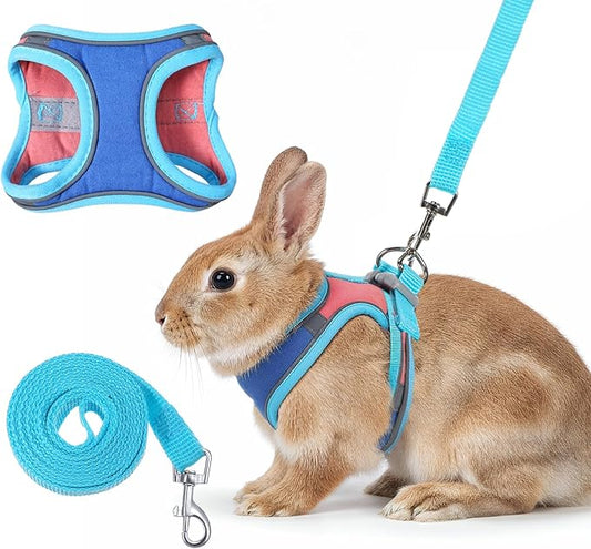Adjustable Bunny Harness and Leash Set, Double Buckles Breathable Mesh Rabbit Vest with Reflective Strips, Escape Proof Small Pet Walking Training Gear for Rabbits, Kittens, Ferrets, Guinea Pigs (S)