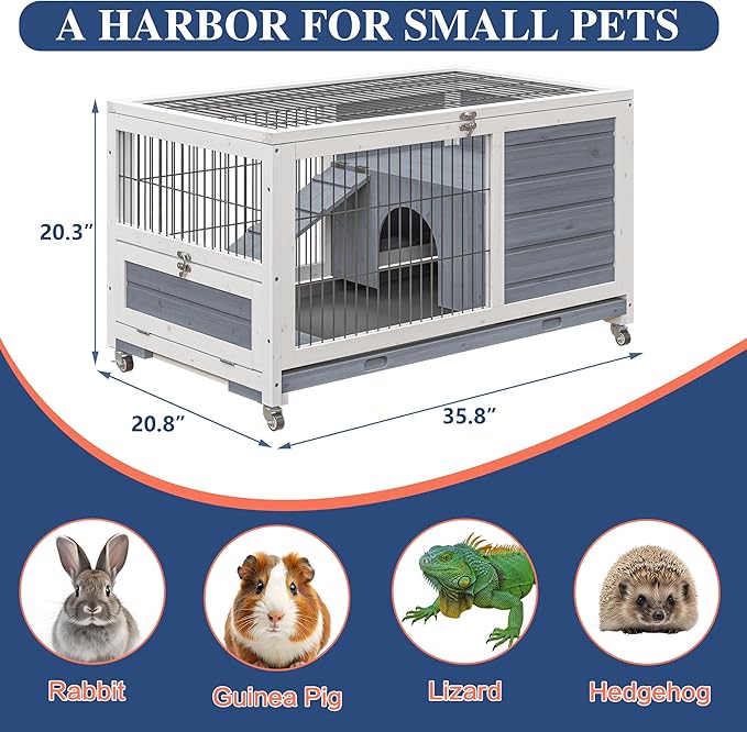 Rabbit Hutch Indoor/Outdoor with Wheels, 2 Story Wooden Bunny Cage Leak-Proof Trays & Easy Feed Support Rod, Large Guinea Pig House with Ramp, Pet Habitat for Small Animals (Light Grey)