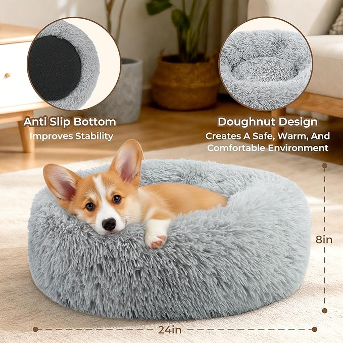 Calming Anti-Anxiety Donut Dog and Cat Bed for Indoor Cats, Round Fluffy Soft Washable Small Medium Pet Bed for Puppy and Kitten, Warming Comfortable Luxury Anti-Slip Waterproof Mute Base 24in Gray