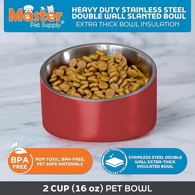 Master Pet Supply Stainless Steel Slanted Dog Cat Food Bowl - 16 oz Heavy Duty - Crimson Flame, Double Wall Insulated, Non-Slip Elevated Bowl for French Bulldogs Pugs Cats, Anti Rust Dishwasher Safe