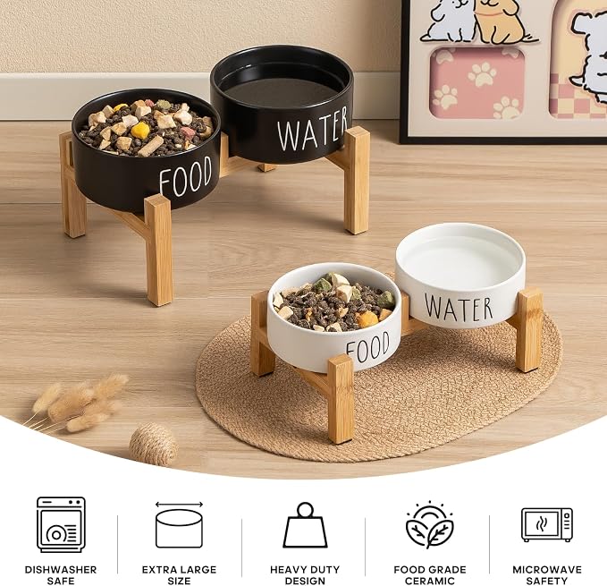 Elevated Ceramic Dog Bowls Set - Food & Water Lettering Raised Dog Bowl with Non-Slip Bamboo Stand for Small and Medium Dogs, Weighted Dogs Dishes Pet Bowls (6 inch, 2 * 30oz, White)