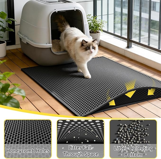Cat Litter Mat, 30"X24" Large Double Layer Litter Trapping Mat, Waterproof/Urineproof, Easy to Clean Kitty Litter Mats for Floor, Scatter Control (Black-2Pack)
