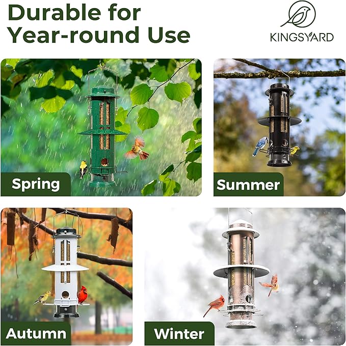 Kingsyard Squirrel Proof Bird Feeders with Weight-Activated Perches, Metal Wild Bird Feeder for Outdoors Hanging, 3 lb Large Seed Capacity, Black