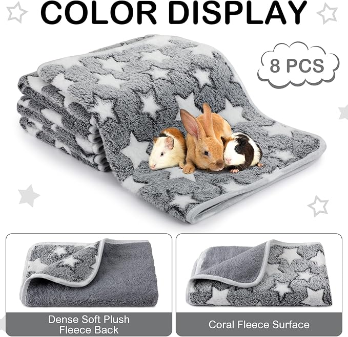 Tudomro 8 Pcs Guinea Pig Blankets Washable Small Pet Fleece Bedding Cage Liners Double Sided Pet Reusable Sleep Mat Pad Cover for Ferret Chinchilla Furniture Protection(Grey Star,16 x 24 Inch)
