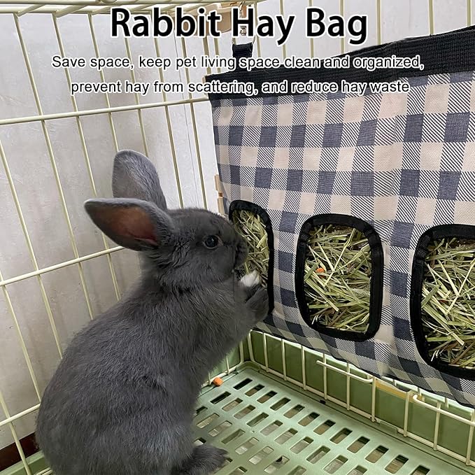 Rabbit Hanging Hay Feeder Bag Large Capacity Small Animal Hay Dispenser 600D Oxford Cloth Rabbit Hay Storage Bag for Bunnies Guinea Pigs Chinchillas (Plaid)