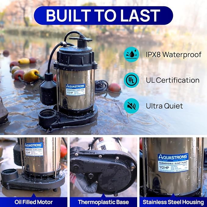 AQUASTRONG 1/2HP Sump Pump, 3450 GPH Submersible Pump, 1-1/2" NPT Discharge | Stainless Steel and Cast Iron Sump Pump, Automatic Integrated Float Switch with Piggy-back Plug for Basement