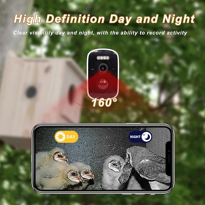 Solar-Powered Smart Owl House with Camera - Outdoor Hanging Wooden Nesting Box, Real-Time View & Motion Detection, for Garden for 2.4g WiFi Coverage Area, for Owl Lovers