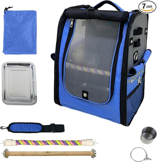Birds Day Bird Carrier Backpack - Breathable Mesh Portable Parrot Travel Cage with 2PCS Perch, Food Bowl, and Stainless Steel Tray (Sky Blue)