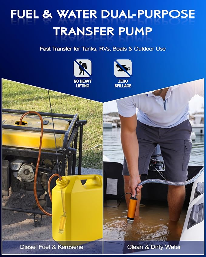 12V 80W Submersible Water Transfer Pump, 5.3GPM High Flow Diesel Water Pump | w/ Hose, Electric Fuel Oil Transfer Pump, Small Portable Utility Pumps for Water, Diesel & Kerosene