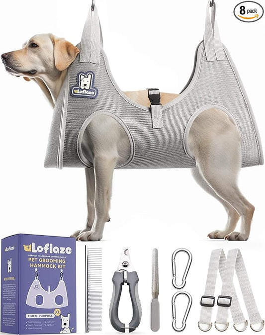Loflaze Dog Grooming Hammock Harness for Dogs & Cats with Pet Nail Clipper Trimmer - Cat Hanger Sling for Trimming Clipping Nails- Dog Hammock Restraint Bag for Small Medium Large pet （ Grey XL ）