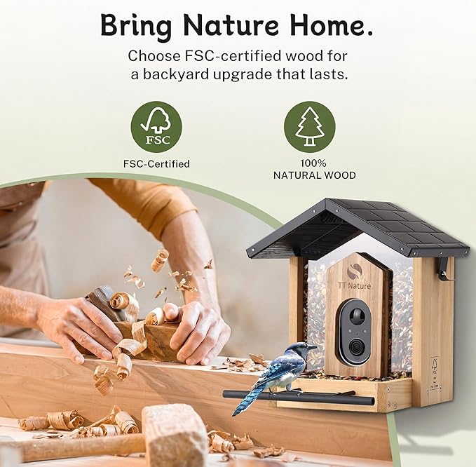 TT Nature Bird Feeder with Camera, Upgraded 1.5L Smart Birdhouse Al Identify for 10000 Plus Species, Auto Capture & Real-time Notifications, Ideal Gift for Bird Lovers (Iron Roof)