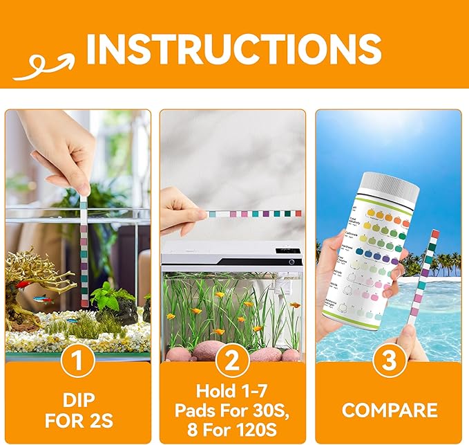 175-Count 8-Way Aquarium Test Strips with Ammonia-Accurate Test Ammonia,pH, Total Alkalinity, Carbonate, Hardness, Free Chlorine, Nitrate and Nitrite for Fish Tanks & Ponds