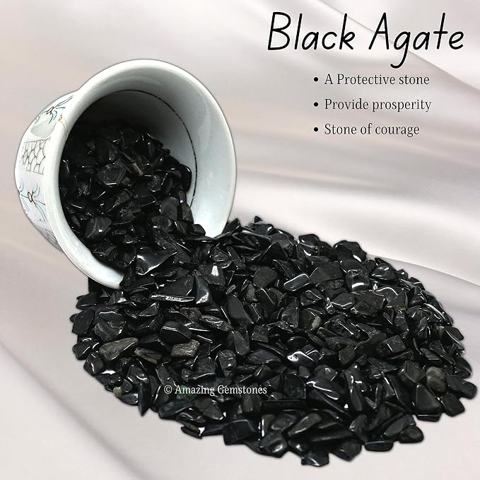 Amazing Gemstone Black Agate Crystal Chips Aquarium Gravel Rocks - Black Agate Chips Bulk Fish Tank Gravel, Small Tumbled Stone Chips and Tiny Crystals for Decoration (Natural AAA Grade Gemstones)