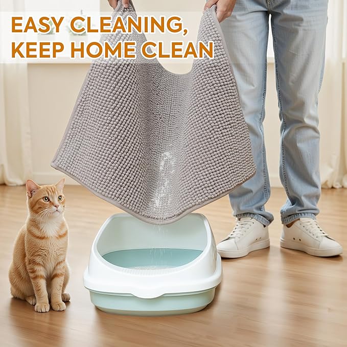 Pieviev Chenille Cat Litter Mat for Litter Box, 28"x22" Soft Ultra Absorbent Mat, Waterproof & Non-Slip, Easy to Clean Litter Trapping Mat for Indoor Cats, Gray
