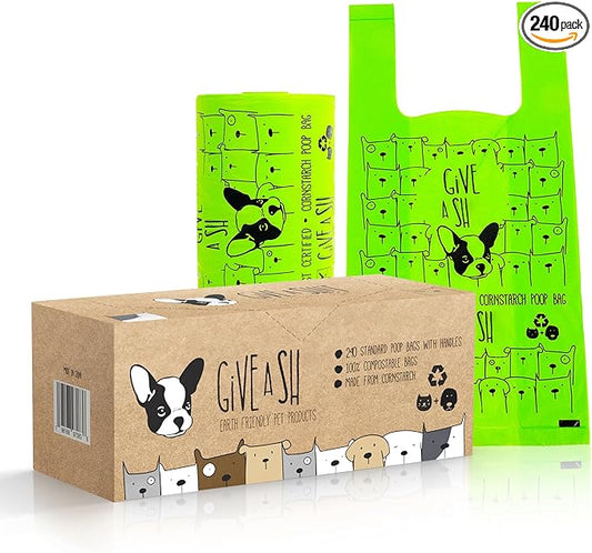 Certified Home Compostable Dog Poop Bags with Handles - 10% to Charity - ASTM D6400 & EN 13432 Compliant - 240 x Large Plant Based Compostable Poop Bags (1 Pantry Roll)