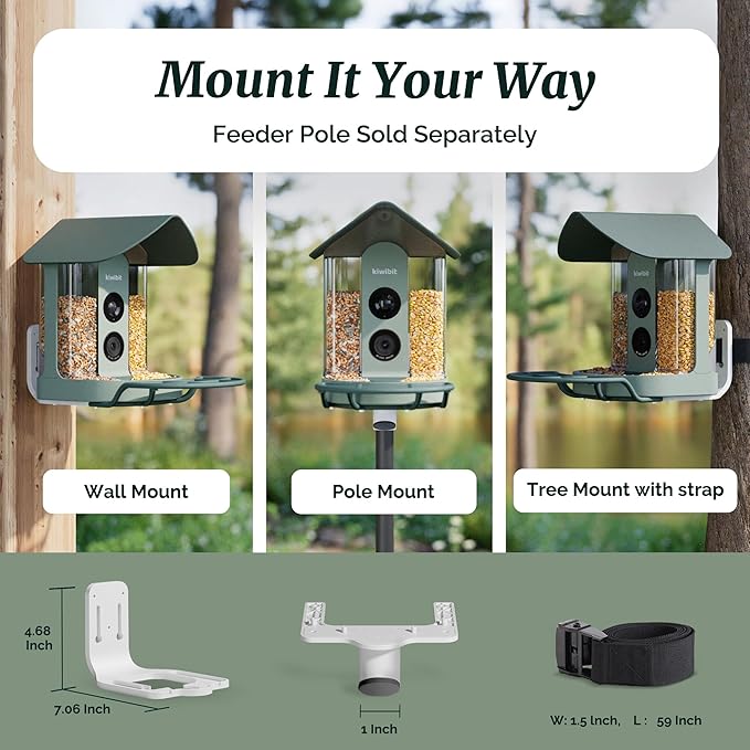 Kiwibit Smart Bird Feeder with Camera, Solar Powered for Outdoors, Bird Species AI Identification, 8MP Photo, 4K Video Livestream, Real-Time Bird Alert, Birdwatching Gift for Bird Lovers, Forest Birch