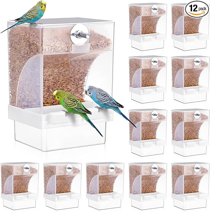 GlikCeil 12 Pcs No Mess Bird Feeder Automatic Bird Feeder for Cage Bulk Parrot Seed Food Container Cage Accessories for Small Medium Parakeet Canary Cockatoo Cockatiel Finch