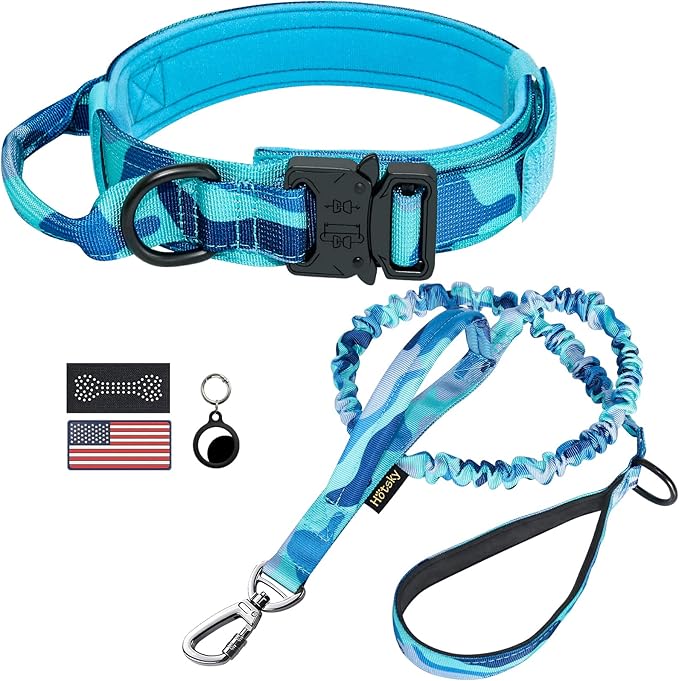 Hotsky Tactical Dog Collar and Leash Set, Heavy Duty Military Airtag Dog Collar with Handle and Metal Buckle for Training and Walking, with Airtag Holder and Two Patches (Blue Camo, XL)