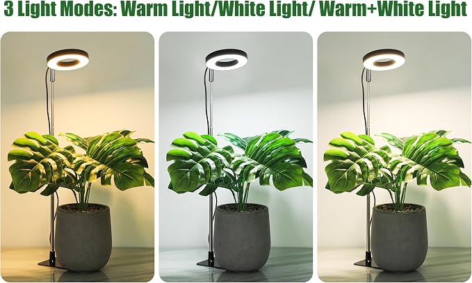 48 LEDs Full Spectrum Grow Lights for Indoor Plants, Height Adjustable, Small Black Halo Plant Light with Base, 3 Light Modes, 10 Brightness, Auto Timer 3/9/12H, 2 Pack