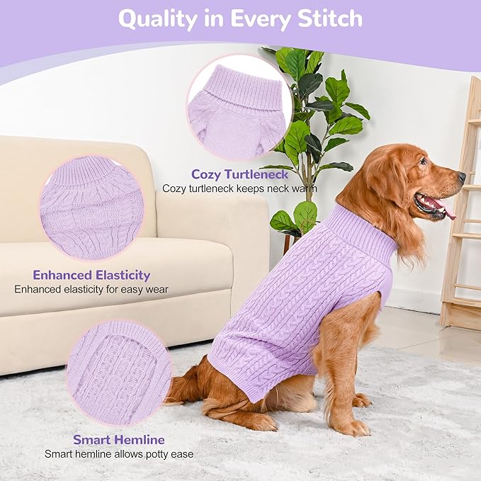 2 Pack Dog Sweaters for Large Dogs Winter Turtleneck Pullover Cable Knit Fleece Stretch Pitbull Labrador Golden Retriever Doberman Bulldog Boy Girl Pet Clothes (XL, Pink & Purple)
