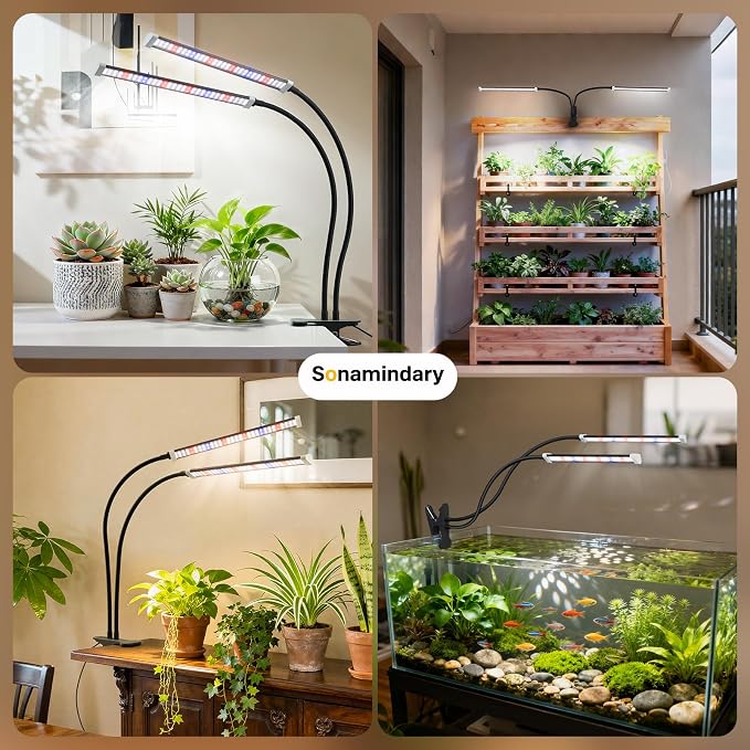 LED Grow Lights for Indoor Plants, Clip-On Clamp, Dual Head | 120 LEDs, Metal Arms with Silicone Sleeves, Upgraded 9V System, 5700K Full Spectrum, 4/8/12H Timer, 5 Brightness Levels