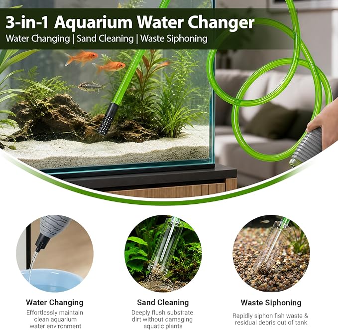 Aquarium Gravel Cleaner, 3-in-1 Tank Vacuum Siphon Water Changer | 71 Inch Aquarium Siphon Hose, Manual Fish Tank Cleaner, Quickly Remove Fish Manure and Water, Ideal for Indoor & Outdoor Use