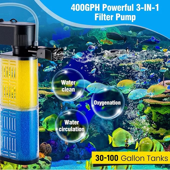 3-in-1 Aquarium Filter for 30-100 Gallons Fish & Turtle Tank Filter | Bio-Sponge Filter 18W 400GPH Quiet Submersible Pump, Easy Clean & Install, Adjustable Bubbles for Aeration, Water Circulation