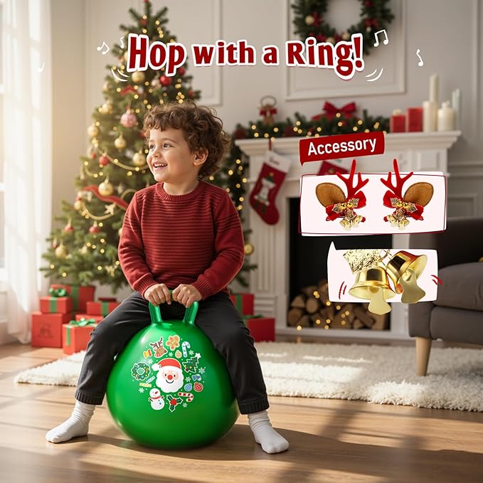 Hopper Ball for Kids 18In Sit On Bouncy Balls with Handle for Indoor Outdoor Active Play, Green Christmas Inflatable Boys Girls Gifts for 4 5 6 7 8 Years Old with Christmas Reindeer Ears
