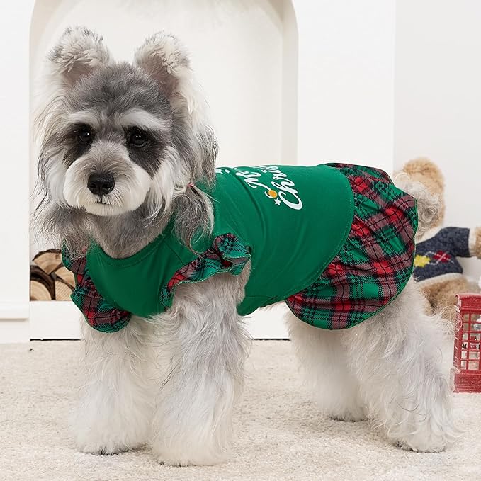 XPUDAC 4 Pack Christmas Dog Dress Plaid Puppy Clothes for Small Dogs Girl Cute Pet Outfit Doggy Apparel Cat Holiday Party Costume, Red, Green, L
