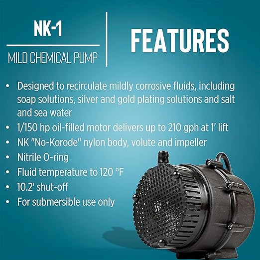Little Giant "NO KORODE" 115-Volt, 1/150 HP, 210 GPH NK-1 Mild Acid, Alkalis and Hard Water Submersible Centrifugal Pump, Black, 526003