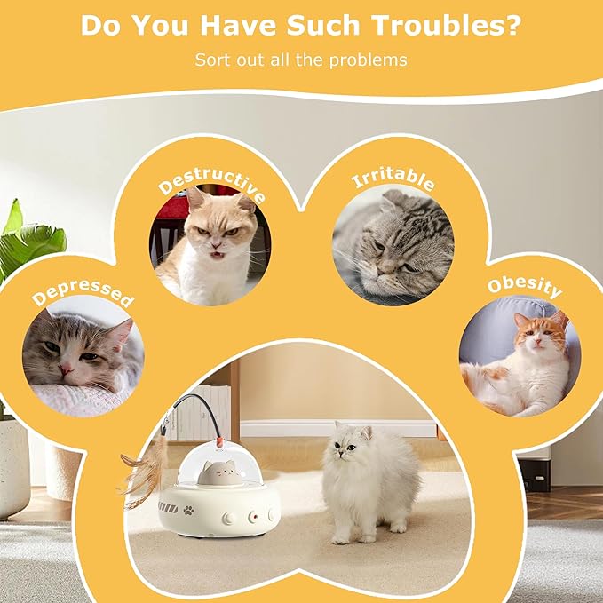 hooroor 2-in-1 UFO Laser Cat Toy with Feather, Automatic Motion Smart Sensor Interactive Toy for Indoor Cats&Small Dogs, Rechargeable Obstacle-Avoidance Exercise Toy, Self-Play Pet Gift White