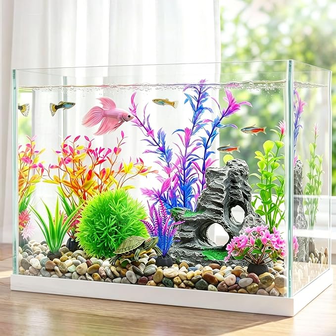 8Pcs Aquarium Decor Set, Artificial Plastic Plants and Rock Cave for Fish Tank Decorations, Goldfish Betta Fish Tank Accessories Supplies Realistic Small Large Fish Bowl Ornaments