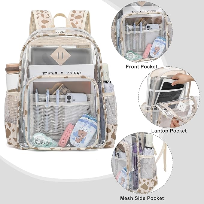 Clear Backpack for Girls Women School Bookbag Heavy Duty Transparent Backpacks (Corduroy Cow Print Khaki)