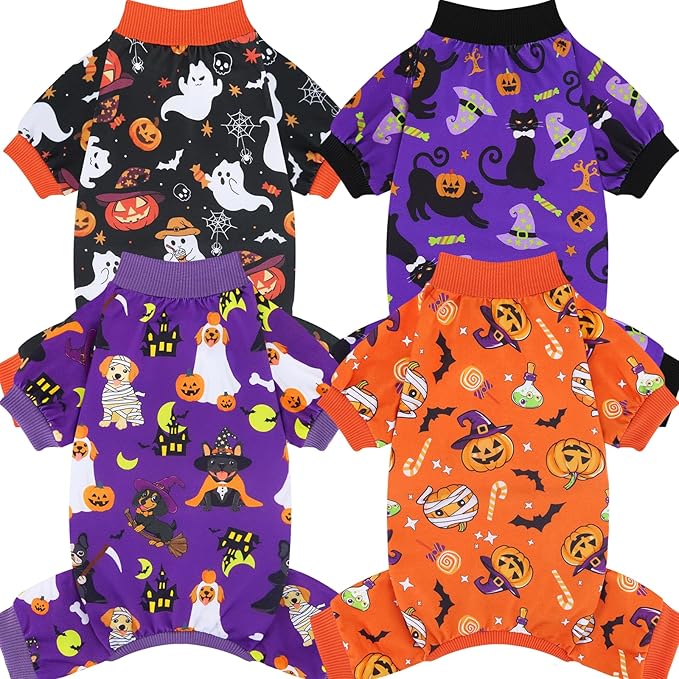 XPUDAC 4 Pack Halloween Dog Pajamas, Funny Ghost Halloween Costumes for Dogs, Soft Strechy Doggy Clothes for Small Medium Dogs Boy Girl, Pet Apparel, XS